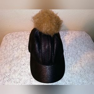 CLAIRE'S FAUX LEATHER SNAPBACK CAP HAT w/POM POM - BLACK